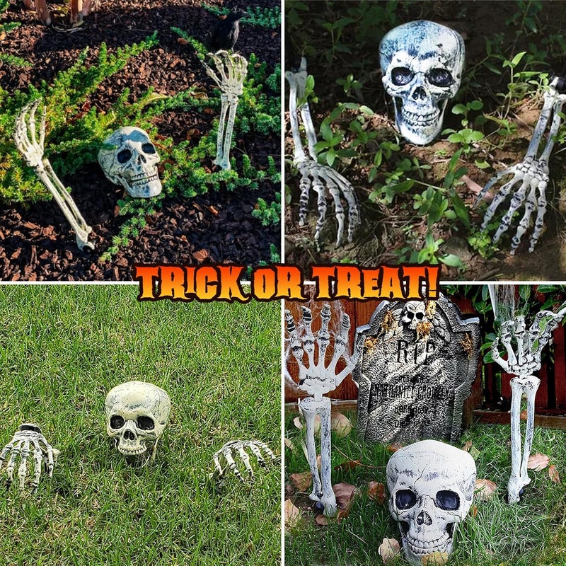Sinranac Maxee Halloween Luminous Skeleton Skull Set, 1 Skull & 2 Skull Hands with 5 m Fairy Lights & Remote Control (8 Modes & Timer), 2 Warm Fairy Lights (3 Modes), Halloween Decoration for Outdoor Garden - Image 4